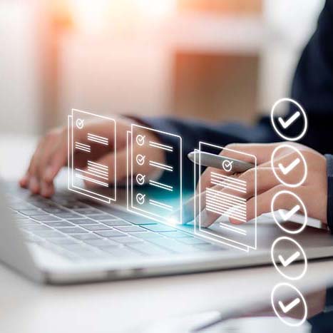 Women touching a virtual screen to tick mark documents for online approval. Prepare, check, and approve concepts. Document management is paperless, ensuring quality assurance and ERP management.